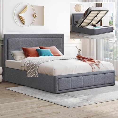 Ottoman Storage Bed with Mattress Included, Double Bed Frame Grey Linen Fabric, Upholstered Bed Frame with Storage, Ottoman Bed with Wooden Slats, (4ft6 Double with Mattress Included)