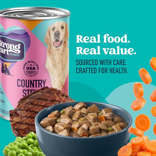 Image of A Strong Heart Wet Dog Food Cans, Country Beef Stew with Peas & Carrots - Stew-Style Cuts, All Life Stages, Complete & Balanced, Made in USA, 13.2 oz (Pack of 12)