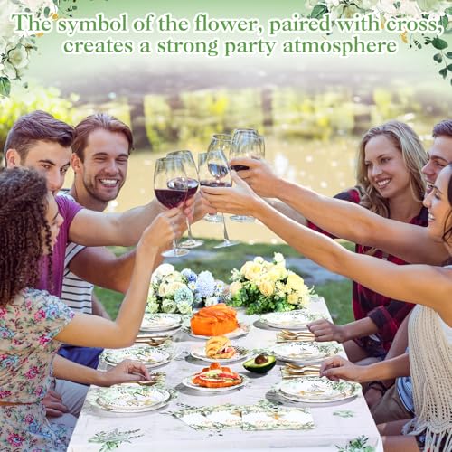 Image of Ganeen 3 Pcs Green God Bless Baptism Tablecloth Disposable Plastic Table Covers First Holy Communion Waterproof Tablecloths for Christening Celebration Baby Shower Religious Decor, 54 x 108 Inch