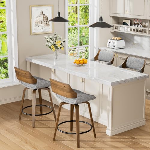 Image of YaFiti Bar Stools Set of 1, 26 inch Swivel Counter Height Barstools with Bentwood Back and Legs, Mid Century Modern Upholstered Fabric Counter Stools for Kitchen Island, Dining Room, Gray