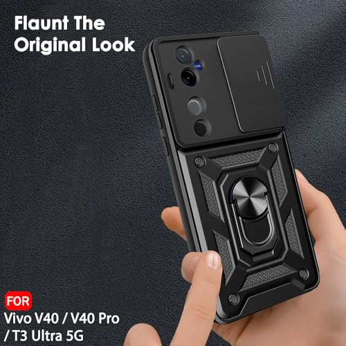 Image of TheGiftKart Tough Armor Bumper Back Cover Case for Vivo V40 / V40 Pro / T3 Ultra 5G | KickStand & Ring Holder | 360 Protection Back Case for Vivo V40 / V40 Pro (PC & TPU, Sliding Camera Cover, Black)