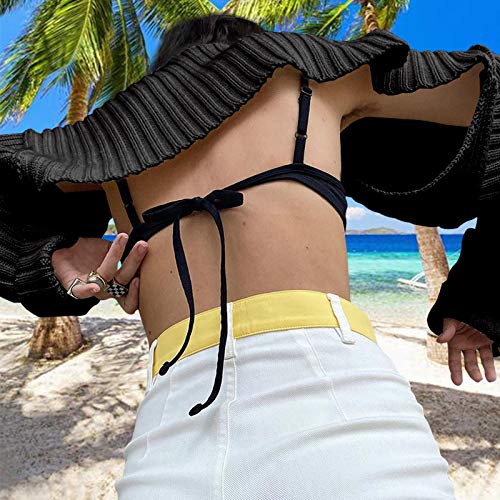 Image of High Collar Long Puff Sleeve Sweater Knitwear Solid Color Pullover Crop Top Ultra Short Turtleneck Sweatshirt