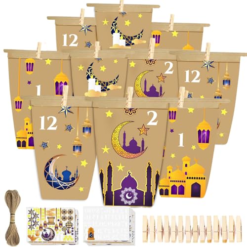 Ramadankalender för fyllning, 30 st., DIY, Eid Mubarak-adventskalender, bruna blanka kraftpapperspåsar för dekoration, presentpåsar med klistermärken, 36 träklämmor och 10 m hamparep (B)