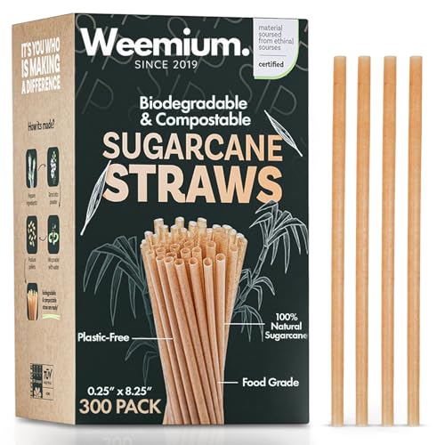WEEMIUM Sugarcane Straws 300 Pack 8.25" | 100% Compostable Straws for Warm and Cold Drinks Eco friendly made with Sugarcane Fiber