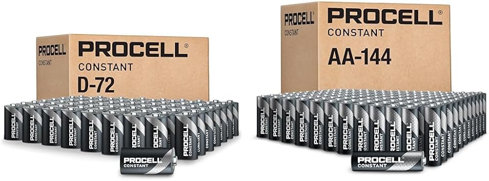 PROCELL Constant D 72 Pack and AA 144 Pack Long-Lasting Alkaline Batteries Bundle 10-Year Shelf Life, Bulk Value Pack for Professional Devices