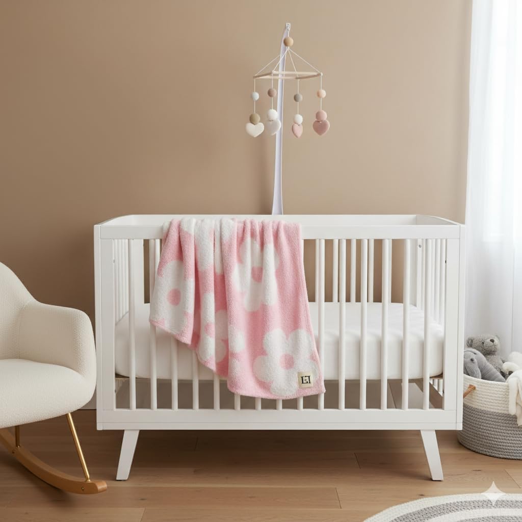 L+L USA Retro Daisy Flower Baby Blanket 28"x40" - DreamSoft Throw for Crib, Stroller or Car Seat - Soft Blanket/Newborn Nursery Gift Essential for Toddler, Infant, Kids, Boys & Girls (Pink/White)