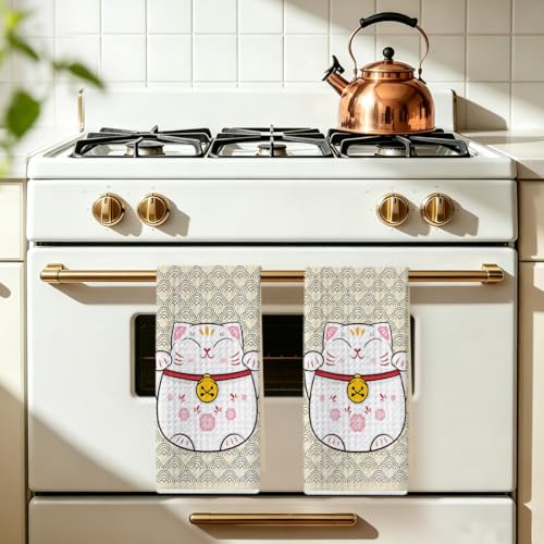 Image of 2 Pcs Cute Cat Kitchen Towels 14x24 Inch, Adorable Cats Waffle Hand Towels for Kitchen Home Farmhouse, Cat Lover Gifts for Cleaning Drying Wiping Tasks Dish Cloth Tea Towel Housewarming Gifts
