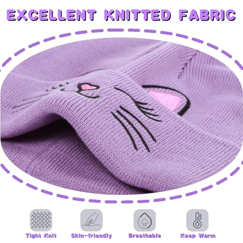 BEARAE Winter Beanie Hat Glove Set, Cute Cat Winter Hats with Gloves, Cold Weather Knitted Beanies Hats for Girls 3-12T4