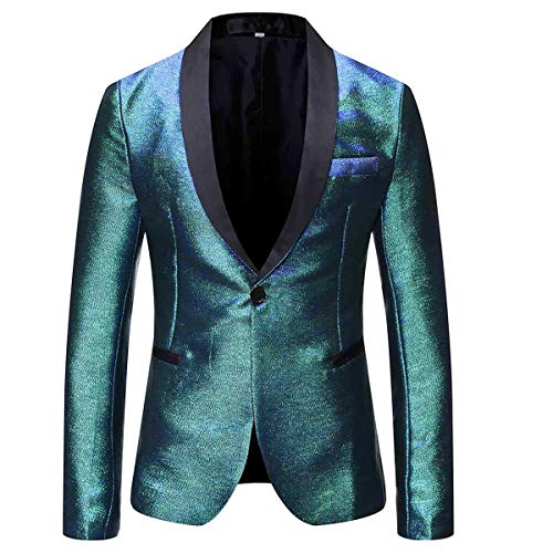 Mens Magic Color Tuxedo Suit Jacket Luxury Slim Fit Dress Blazer Prom Sport Coat,Green/Purple,Small
