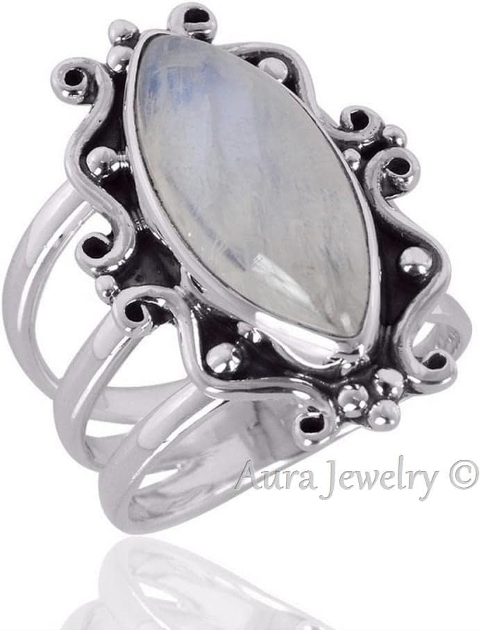Solid 925 Sterling Silver Ring For Women, Natural Rainbow Moonstone Ring, Silver Minimalist Ring, June Birthstone, Bezel Set Marquise White Gemstone Hypoallergenic Bohemian Ring Christmas Gift