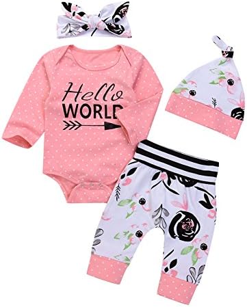 OUTGLE Newborn Baby Girl Pink Polka Dot Romper + Trouser + Hat + Headband Clothing Set Winter Outfits