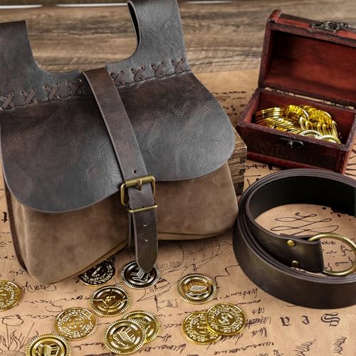 Image of HiiFeuer 2PCs Medieval Belt Bag Set, Faux Leather Buckle Waist Pack Renaissance Portable Side Pouch for Ren Faire Cosplay (Brown A)
