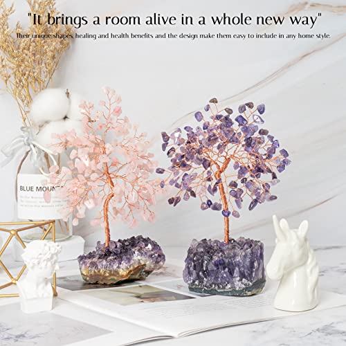 Bundle Of Two: One Feng Shui Rose Quartz Bonsai Tree 14" Tall With Lucky Coins Chain, One Rose Quartz Tree On Amethyst Quartz Base With Wooden Grid Plate #TOP7