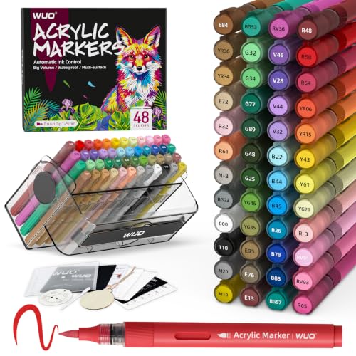 Image of WUO 48 Colors Acrylic Paint Markers Brush Tip with Automatic Ink Control | Water-based, no-bleed, waterproof acrylic paint pens for rock, wood, canvas, glass, ceramic, fabric and DIY crafts
