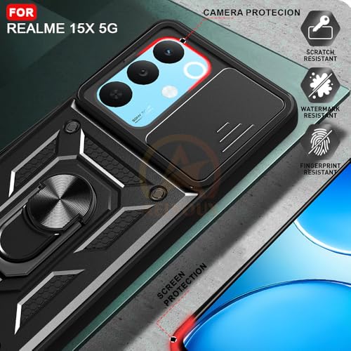 Image of Armor Bumper Back Cover Case for Realme 15X 5G Rotating Camera Cover, Ring Holder & Kickstand | Heavy Duty & 360 Degree Protection Realme 15X 5G Back Cover (Black)