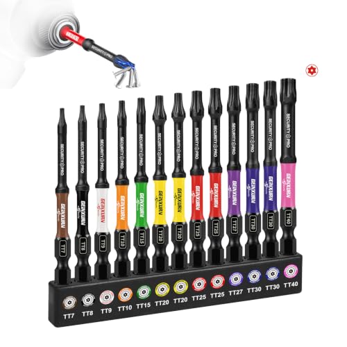 Geinxurn Zestaw bitów wkrętakowych Impact T-Torx, 13 szt. magnetycznych bitów 75 mm (TT7-TT40), stalowe bity wkrętakowe S2 przechowywane w podstawie oznaczonej kolorami
