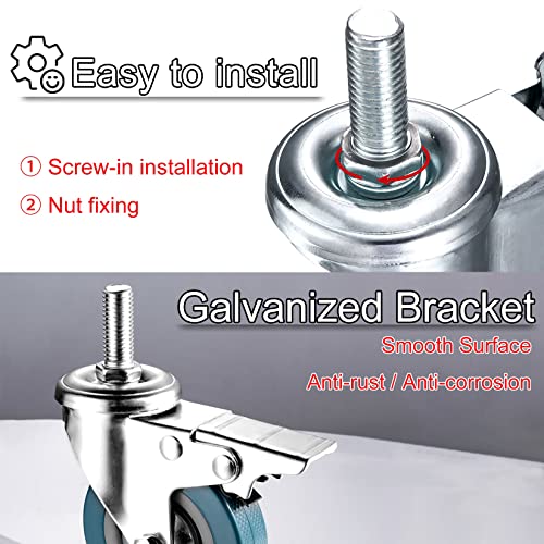 スイベルキャスターホイール 2.5インチ 3インチ ネジ式ステムキャスター M10 M12 ノイズなし ブレーキ付きスイベルキャスタ