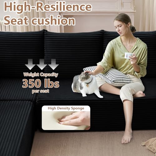 Image of Oversized Modular Sectional Sofa Couch, Large 5 Seater Corner Sofa Modern V Shaped Sectional Couch Cloud Couches for Living Room, Office, Spacious Space, Corduroy, No Assembly Required, Black
