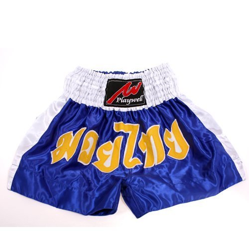 Playwell Muay Thai Competition Satin Fight Shorts - Blue/White - Small