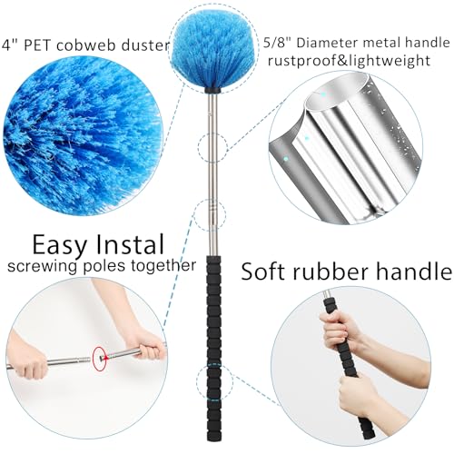 Image of Cobweb Duster with Extension Pole - Outdoor Spider Web Cleaner with Long Handle for High Ceiling and Wall Duster - 5ft Web Remover and Dusting Brush - House Cleaning Tool