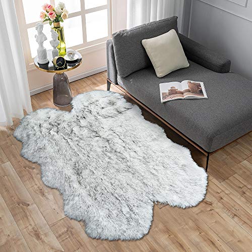 Carvapet Soft Fluffy Faux Sheepskin Fur Area Rug for Bedroom Floor Sofa Living Room 3 x 5 Feet,White with Black Tips