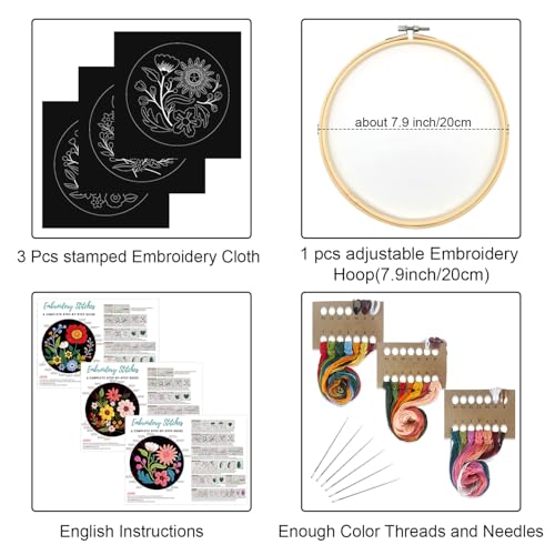 Image of Louise Maelys 3 Pack Floral Embroidery Kit for Beginners with Hoop Threads | 3 Floral Pattern Cross Stitch Kits with Hoop, Threads and Step-by-Step Instruction, DIY Needlepoint Kit for Starter Supplies
