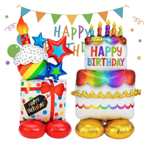 Helium Balloons Birthday, 2PCS Happy Birthday Helium Balloon with Colourful Base, Double Layer Cake Aluminium Foil Balloons for Party Decorations, Surprise Gift Unveiling, Photo Backdrop