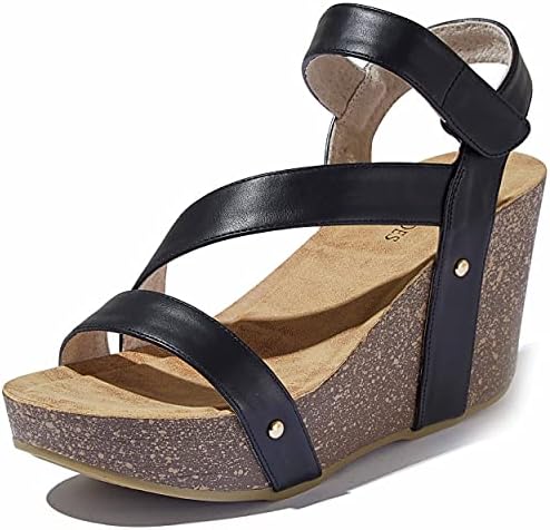 DailyShoes Women's Wedge Side Platform Slide On Comfort Ankle Elastic Strap Evening Sandal Buckle Shoes, Black PU, 9 B(M) US