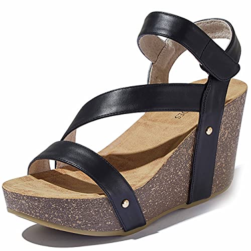 Dailyshoes Women's Wedge Side Platform Slide On Comfort Ankle Elastic Strap Evening Sandal Buckle Shoes, Black Pu, 9 B(M) Us #TOP13