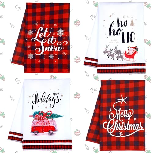 Homefantasy Paños de Cocina Premium de 4 Paños,Toallas de Cocina de Mezcla de Poliéster y Algodón con Diseño de Muñeco de Nieve,Suaves Paños Cocina Multiusos Absorbentes Trapos Cocina(40x60cm)