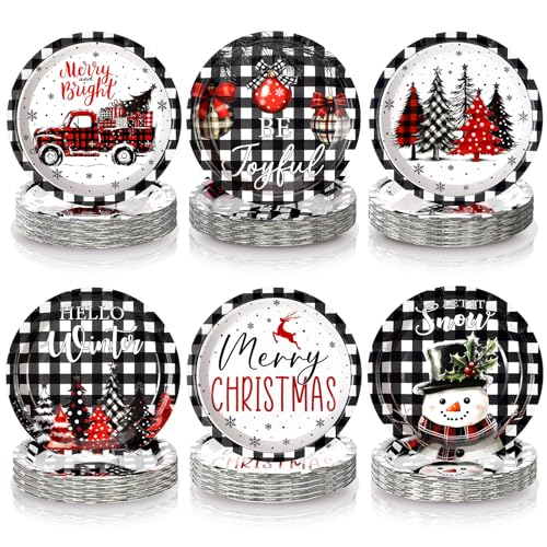 Image of Fourluoo 96 Pcs Christmas Black White Buffalo Plaid Paper Plates Disposable Peppermint Dinner Plates for Xmas Birthday Party Table Decor