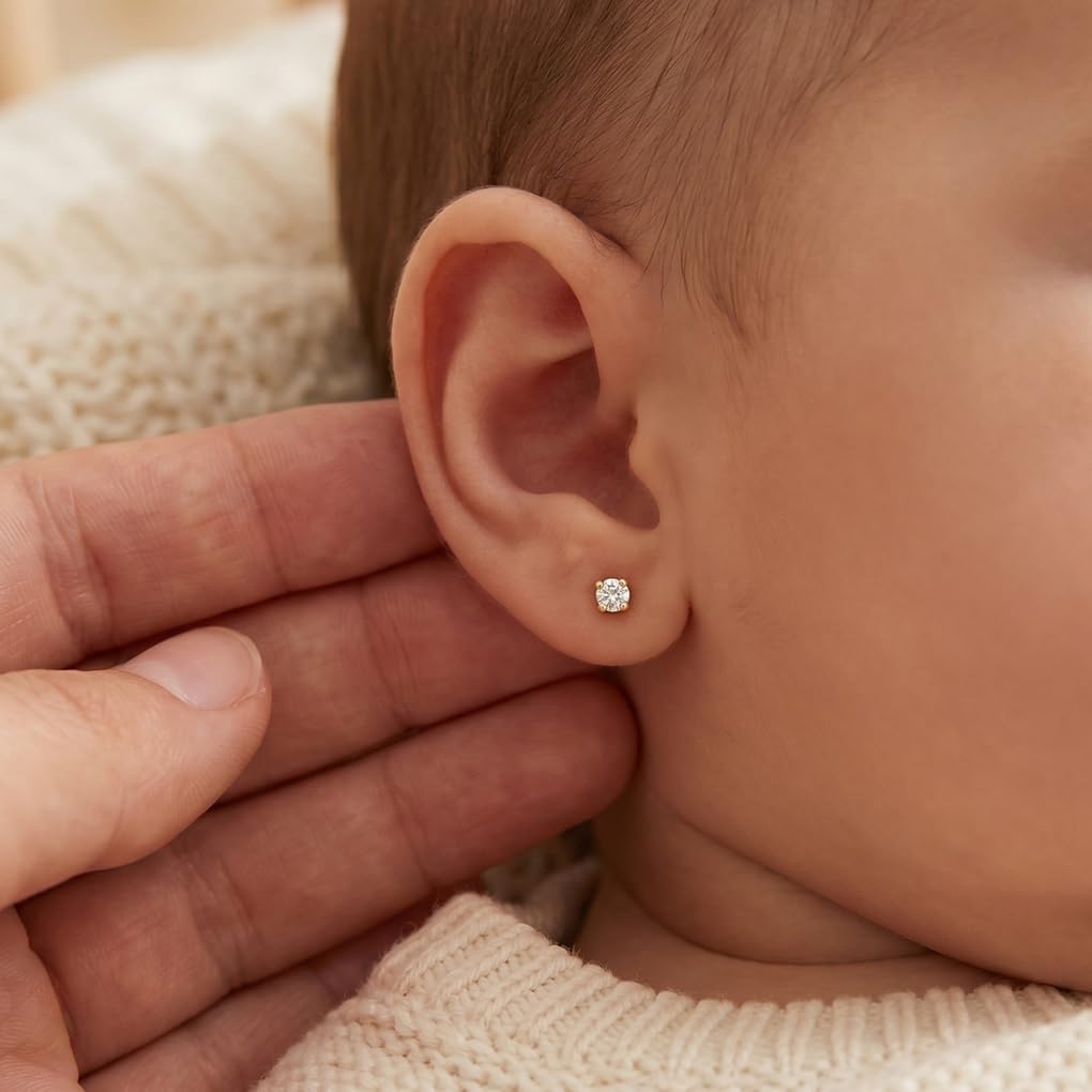 TIME ROAD Pendientes Bebé Niña de Oro 9K HIN00158/2 - Cierre Seguro de Rosca 2 mm - Infantil 3, 6, 12 a 24 meses - Ideal como Regalo de Nacimiento, Bautizo o Cumpleaños