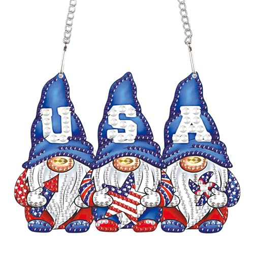 Image of AiYuanzsh 5D Diamond Painting Hanging Pendant Kit - Independence Day Gnome 5D Diamond Art Dots Acrylic Pendant Craft for Adults - Crystal Rhinestone Suncatcher for Door Wall Window Decor