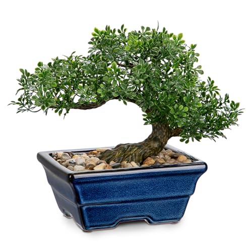 Artificial Bonsai Tree Faux Plants Indoor Fake Plants Decor with Blue Square Ceramic Pots for Home...