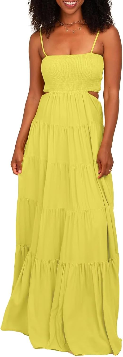 Women's Summer Smocked Maxi Dresses Boho Sleeveless Spaghetti Strap Swing Long Dress - Image 2