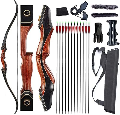 Archery 60″ Takedown Hunting Recurve Bow and Arrow Set for Adult Longbow Kit Competition Shooting Right Hand Wooden Riser 30-50LB