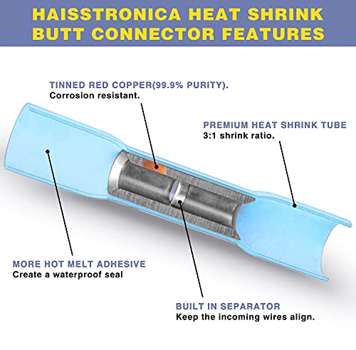 Haisstronica SC-CL-135 500Pcs Blue Heat Shrink Butt Connectors Awg16-14,Haisstronica Marine Grade Heat Shrink Wire Connectors,Tinned Red Copper 0.8Mm,Waterproof Insulated Crimp Butt Splice Electrical Connectors thumb #4