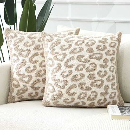Otostar Ultra Soft Plush Leopard Throw Pillow Covers 18 X 18 Inch Warm And Cozy Knitted Polyester Pillowcase Luxury Cheetah Square Cushion Covers For Couch Sofa Bed, 2 Pack (Khaki) #TOP4