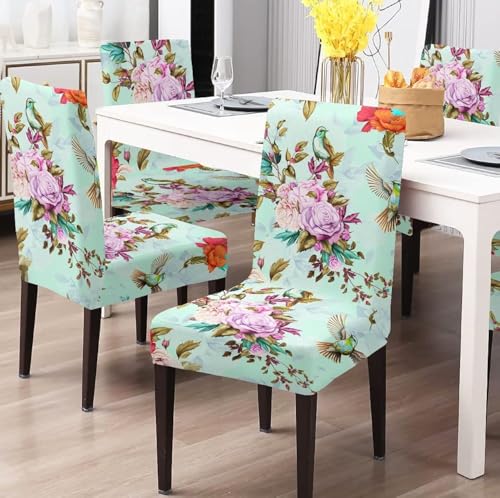 BRIDA® Juego de fundas elásticas para sillas de comedor con estampado geométrico floral de 4 asientos, fundas protectoras elásticas para sillas (flores verdes marinas), poliéster y mezcla de poliéster