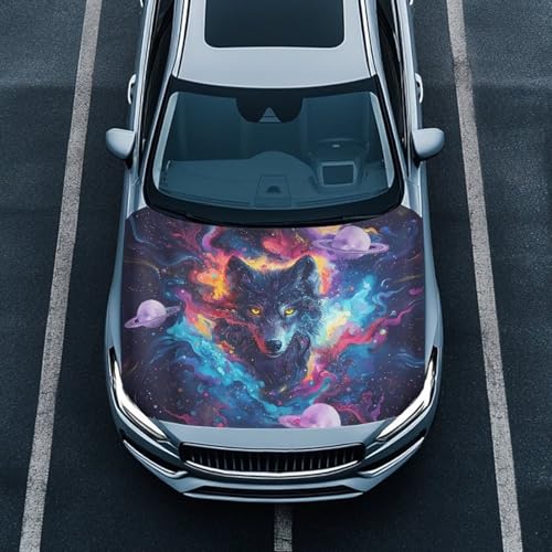 Image of Planet Wolf Print Hood Cover for Auto, Stretch Polyester Car Hood Flag Universal Automotive Hood Protective Accessories for SUVs Sedans Trucks Pickup Jeeps