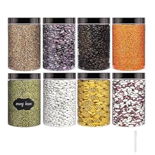 YBCPACK 8 Pack 25 oz Plastic Jars With Lids, Extra Labels, 1 Pen, Clear PET Seal Jar for Food Storage,Wide Opening Storage Jar for Dry Food, Peanut, Powder, Kitchen & Craft Storage