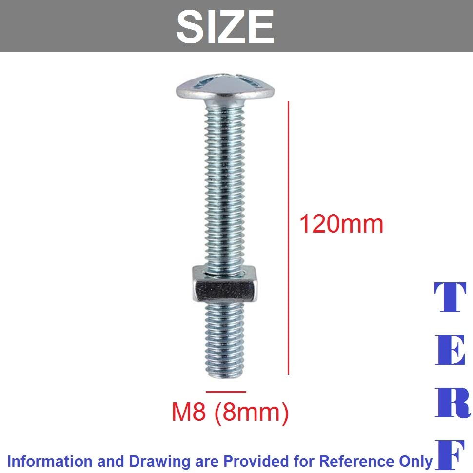 TERF® M8 X 120mm Roofing Bolt with Square Nut M8 (8mm) X 120mm Cross Slotted Mushroom Head with Square Nut - Pack of 4 - Image 3