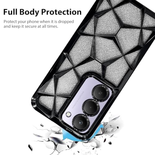 Image of VONZEE Gradient Glitter Case for Redmi 15, Luxury Electroplated 3D Cube, Diamond Bling Shiny Soft TPU Clear Shockproof Women Girls Protective Phone Cover (Black)