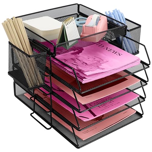 ideallife Letter Trays Stackable with Top Stationery Holder, 4-Tier Metal Desk Organizer Tray with 2 Pen Holder, Paper Filing Tray for Office Supplies - Black
