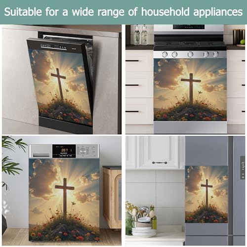Image of Dishwasher Cover,Wooden Cross Reusable Dishwasher Magnet Cover,Decorative Easter Wildflowers Magnetic Refrigerator Cover Front Panel Cover for Kitchen Decor 23x26 Inch