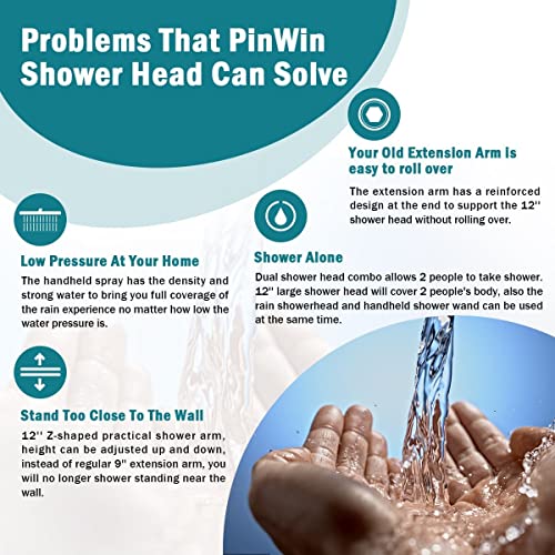 Pinwin 12'' Shower Head,Upgraded Rain Shower Head With 12'' Adjustable Extension Arm And 6-Setting Handheld Shower Head Combo,Powerful High Pressure Shower Spray Against Low Pressure Water,Matte Black #TOP5