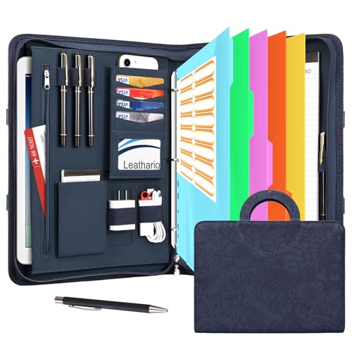 Image of Leathario Portfolio Binder, Includes 5 Folder Index Dividers, 13 Inch Tablets Organizer with Handle, Vegan Leather A4 Padfolio, Multi-Pocket Notepad Business Planner Professional Document