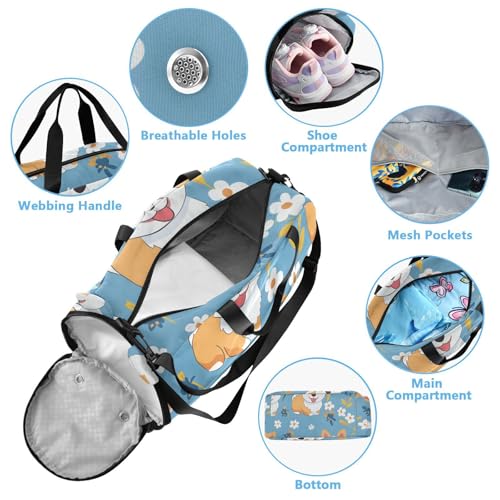 Duffle Bag Kids Gym Bag with Shoes Compartment & Wet Separation Overnight Travel Duffel Bag Corgi Cartoon for Girl Boy4
