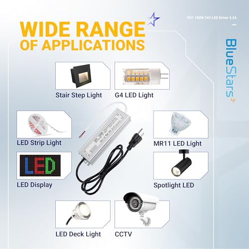 Image of 100W 24V LED Power Supply Driver 4.2A with US Standard 3-Prong Plug by BlueStars - AC 90-260V to 24V DC Constant Voltage Transformer IP67 Waterproof for LED Strip Lights Indoor & Outdoor