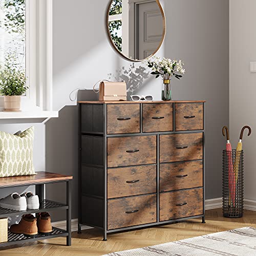 Wlive 9-Drawer Dresser, Fabric Storage Tower For Bedroom, Hallway, Nursery, Closet, Tall Chest Organizer Unit With Fabric Bins, Steel Frame, Wood Top, Easy Pull Handle, Rustic Brown Wood Grain Print #TOP3